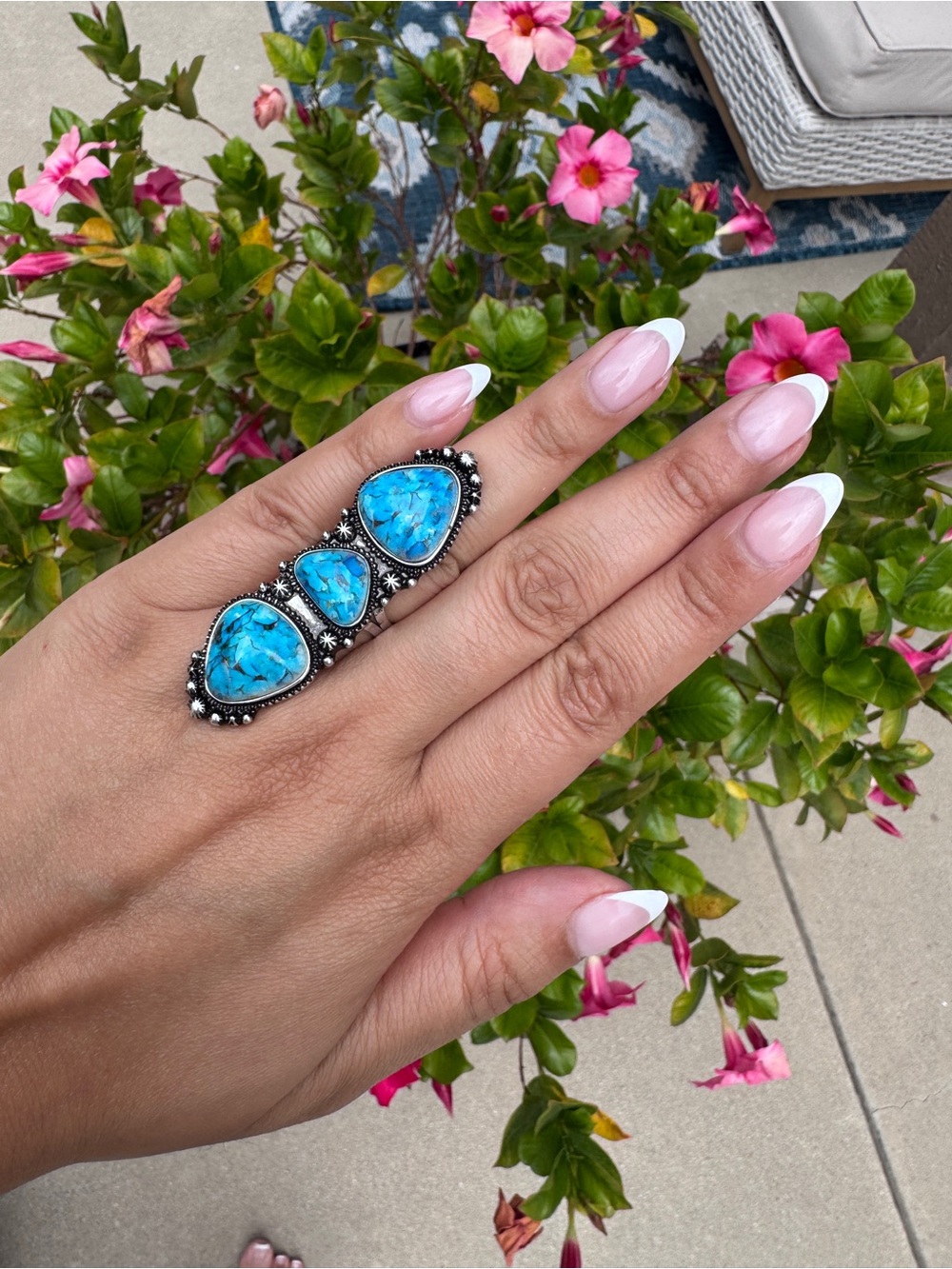 Western Rodeo Triple Turquoise Cluster Statement Ring - Blue Adjustable